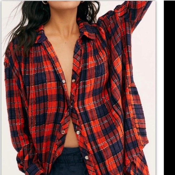 WE THE FREE People Lila Plaid Shirt Top Oversized Boho Metallic Sz Small - Picture 1 of 11